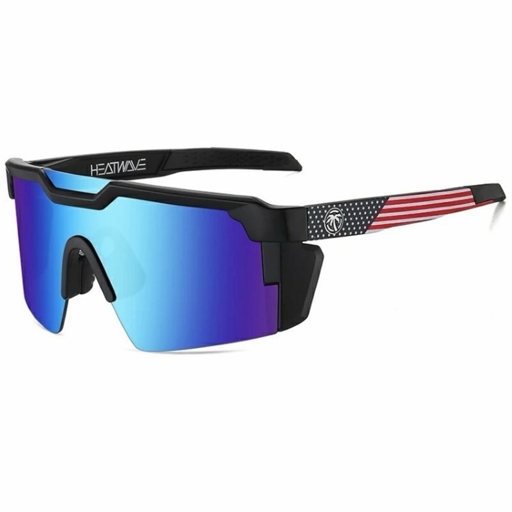 US NIB Large Shield Rimless Sunglasses Z87 USA Flag Frame Flash Blue Mirror Len